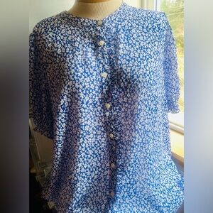 J Crew Floral Blue and White Button-Up Blouse with sheer sleeves